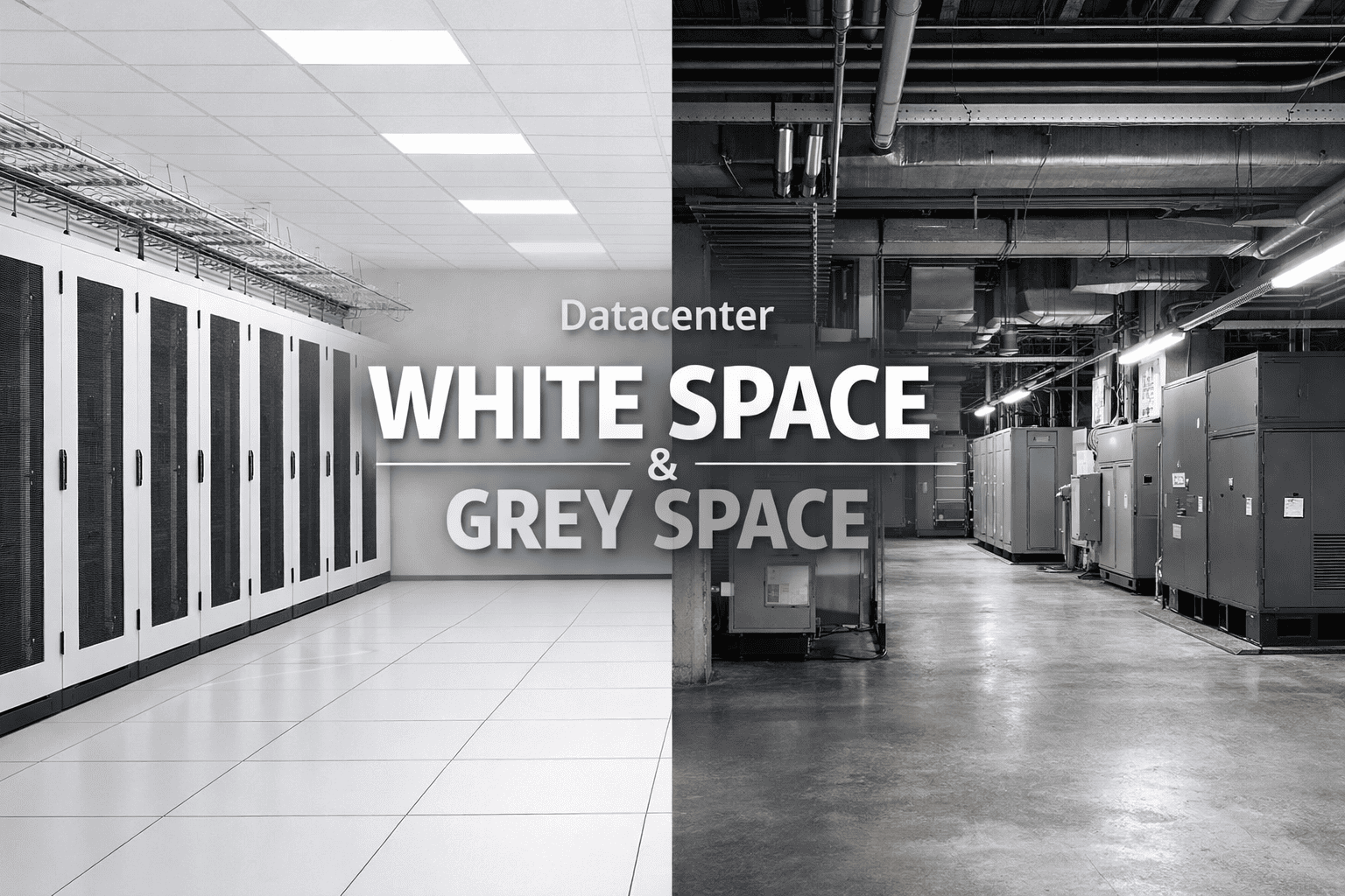 Split view of data centre white space server racks and grey space power and cooling infrastructure