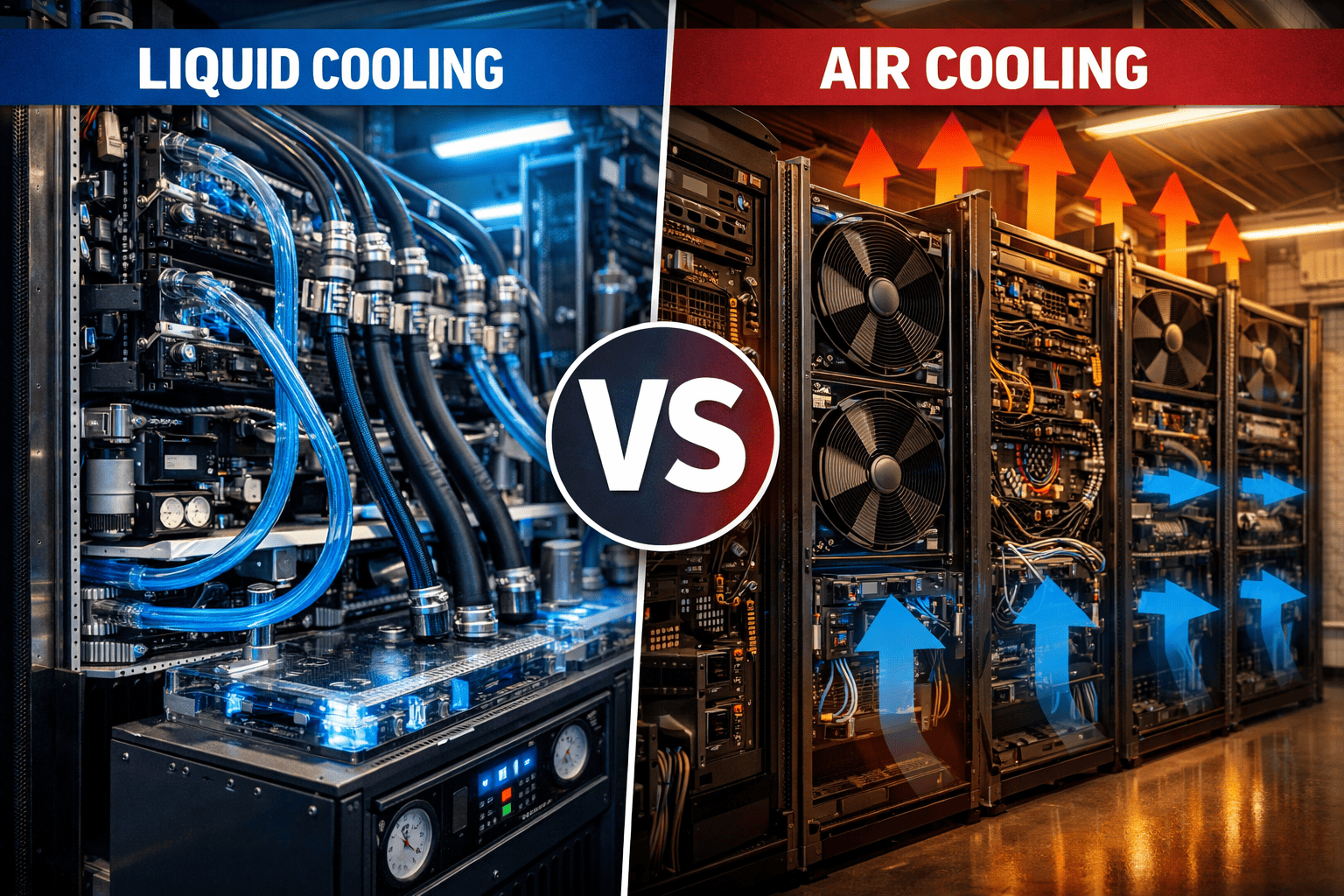 Liquid cooling and air cooling systems compared in a data centre