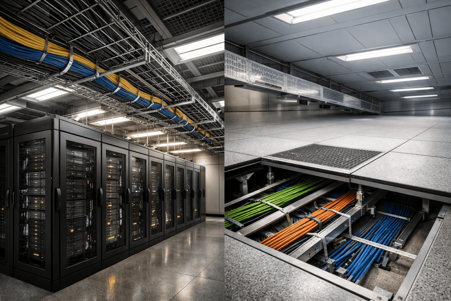 Overhead cable trays and underfloor routing in a data centre