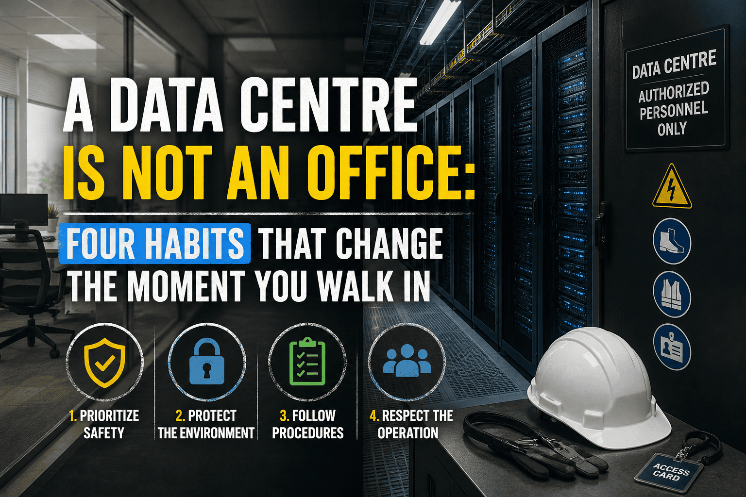 Access-controlled data centre corridor with badge reader and server racks